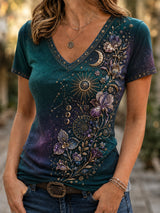 Damen Retro Zodiac Blumen kunst lässig T-Shirt