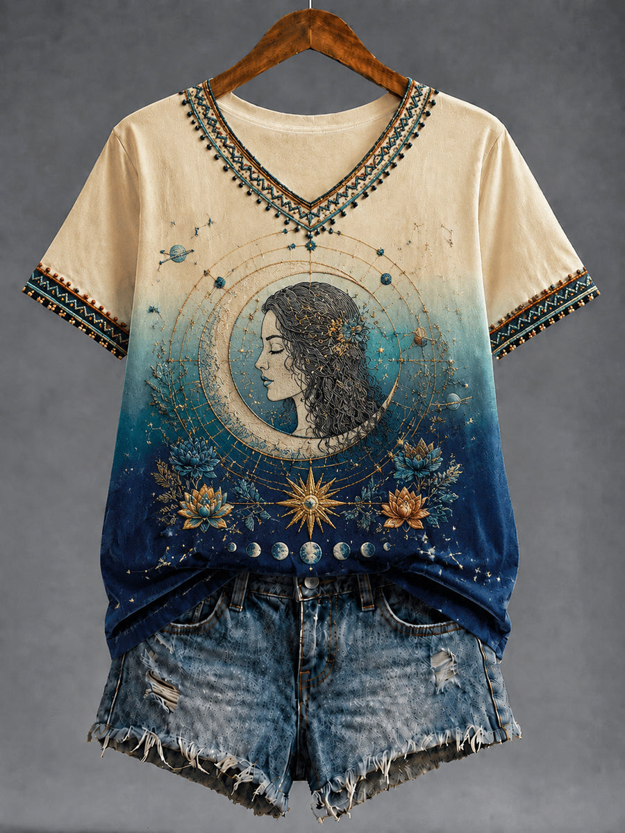 Damen Retro Zodiac Kunst Gradienten lässig V-Ausschnitt T-Shirt