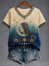 Damen Retro Zodiac Kunst Gradienten lässig V-Ausschnitt T-Shirt