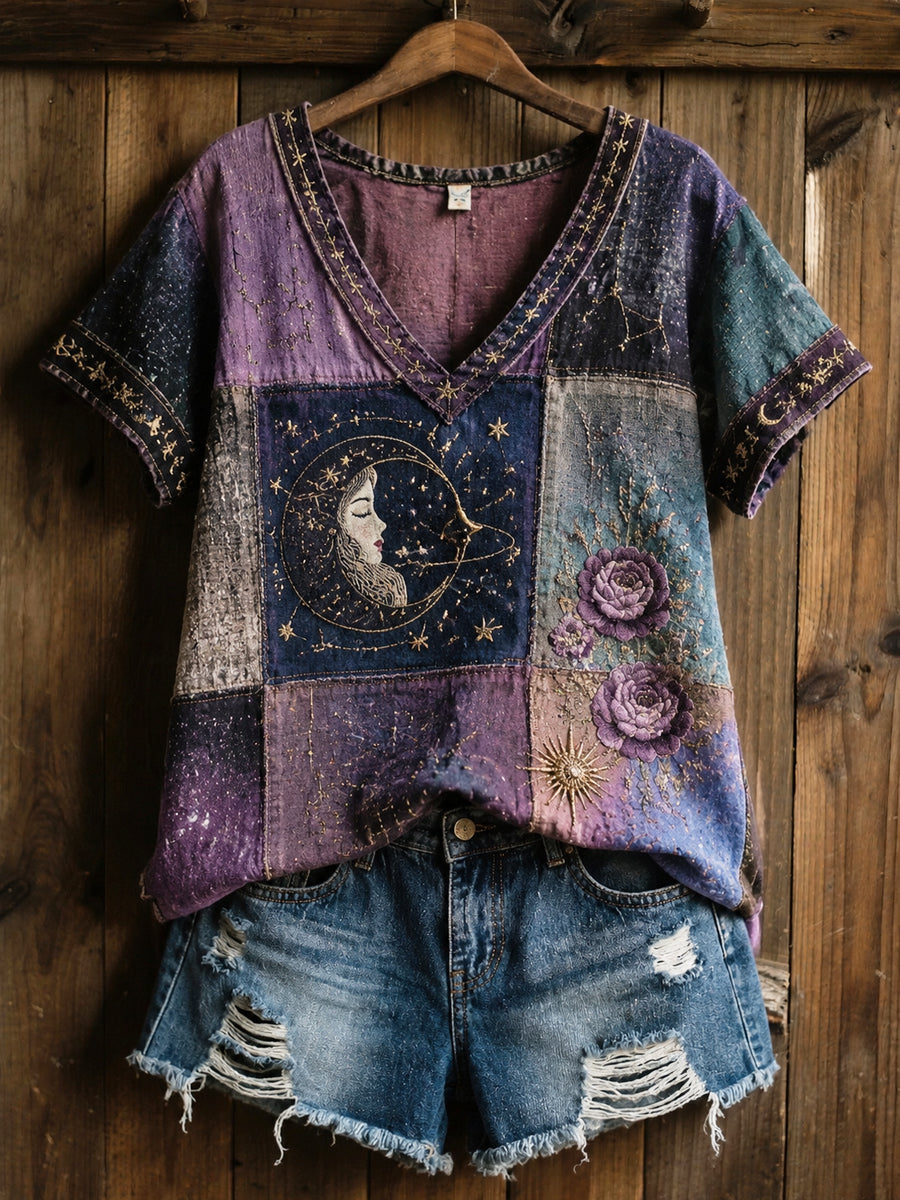 Retro Zodiac Floral Patchwork Lässiges Baumwoll-Leinen-T-Shirt