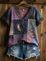 Retro Zodiac Floral Patchwork Lässiges Baumwoll-Leinen-T-Shirt