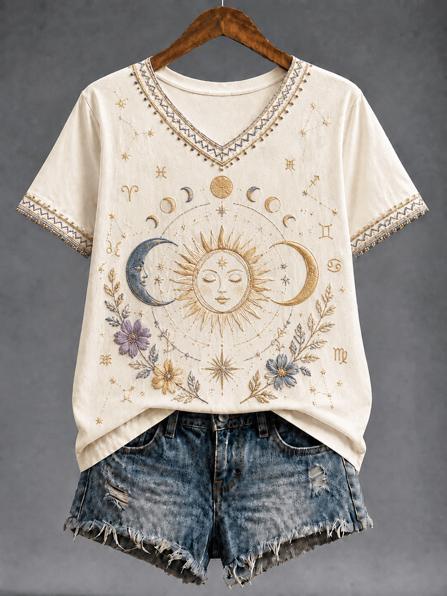 Damen Retro Zodiac Klassisches lässiges V-Ausschnitt T-Shirt