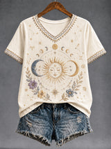 Damen Retro Zodiac Klassisches lässiges V-Ausschnitt T-Shirt