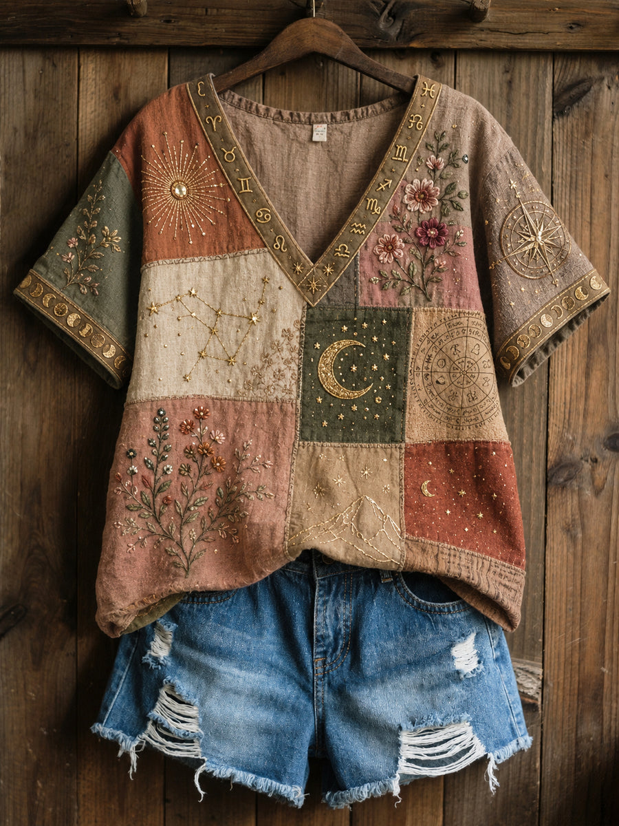 Vintage Art Zodiac Floral Patchwork lässig Baumwolle-Leinen T-Shirt