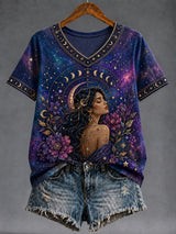 Damen Retro Zodiac Sternen himmel Klassisches lässiges V-Ausschnitt T-Shirt