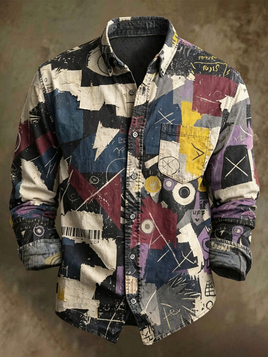 Herren-Langarmhemd mit abstraktem geometrischem Druck im Casual-Stil