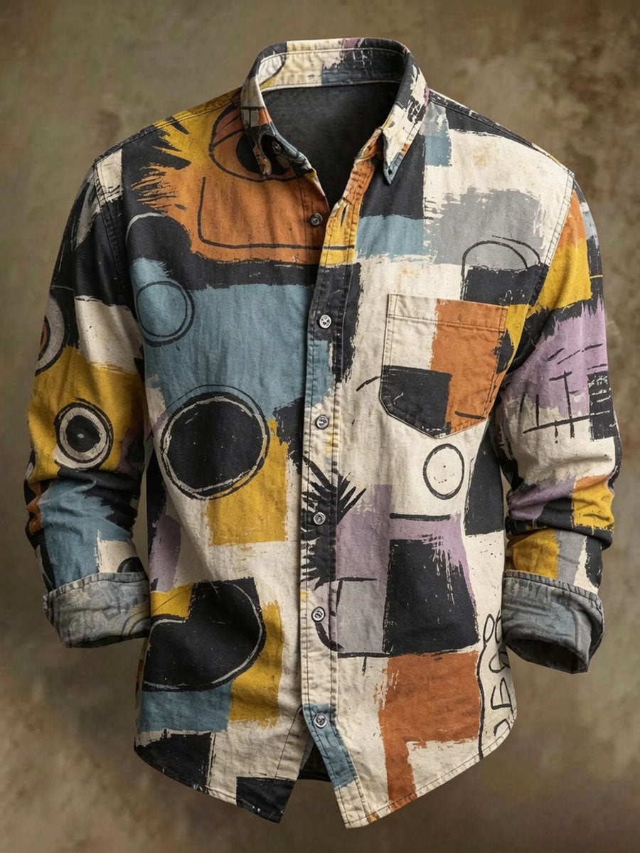 Herren-Langarmhemd mit abstraktem geometrischem Druck im Casual-Stil