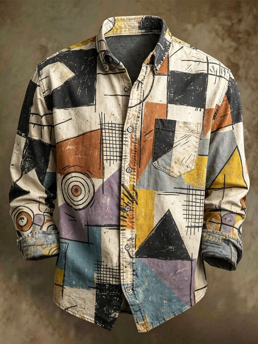 Herren-Langarmhemd mit abstraktem geometrischem Druck im Casual-Stil