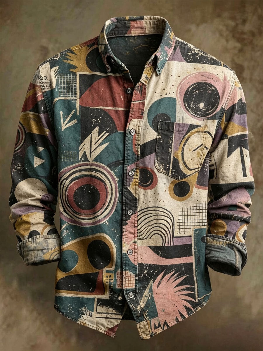Herren-Langarmhemd mit abstraktem geometrischem Druck im Casual-Stil